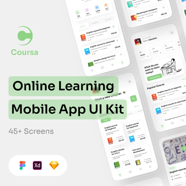 在线学习手机移动应用程序UI套件45屏 Coursa - Online Learning Mobile App UI Kit .figma .xd .sketch