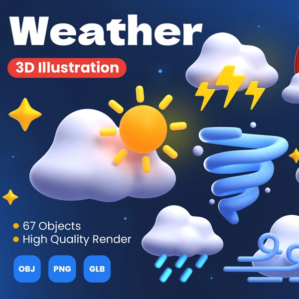天气3D图标模型67款 Weather 3D Illustrations .blender .psd . png .obj .glb