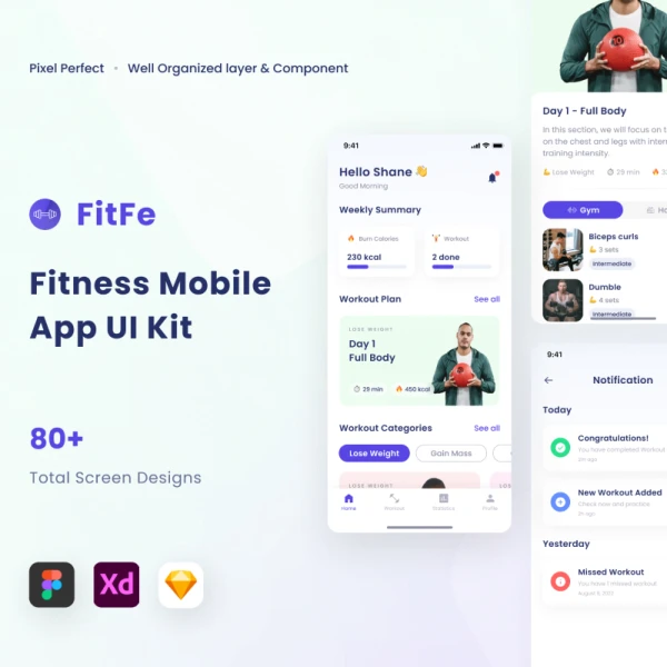 Fitfe - 运动健身锻炼手机移动App UI套件 Fitfe - Workout Fitness Mobile App UI Kit sketch, xd, figma, lunacy格式
