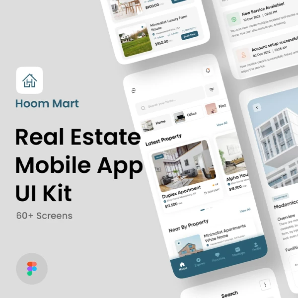 60屏房屋租赁二手房销售房地产应用程序 UI 套件 Hoom Mart - Real Estate App UI Kit .figma