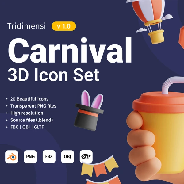 狂欢嘉年华3D模型图标集20款 Carnival 3D Icon Set .blender .fbx .obj .gltf