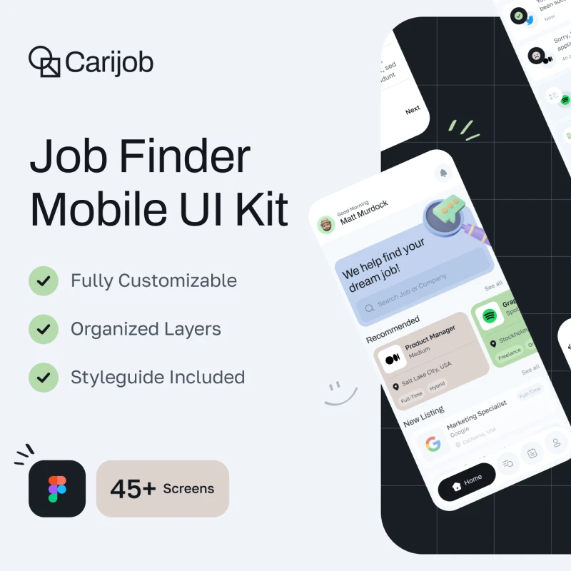 Carijob - 职位搜索求职招聘应用UI套件 Carijob - Job Finder App UI Kit figma格式缩略图到位啦UI