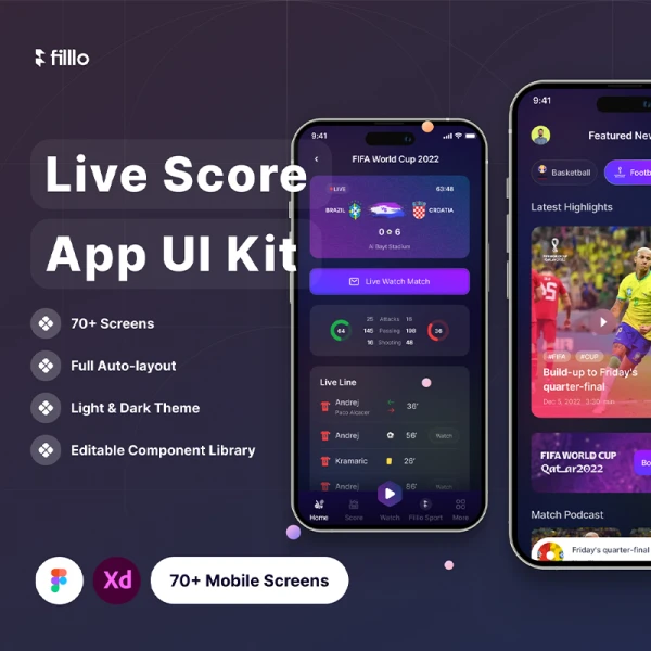 炫酷体育游戏电竞在线直播APP界面设计UI套件素材70屏 Filllo Live Score App UI Kit .xd .figma