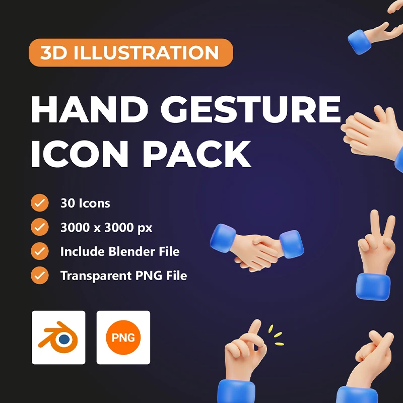 各种交互手势3D图标模型30款 Hand Gesture 3D Icon Pack .blender缩略图到位啦UI