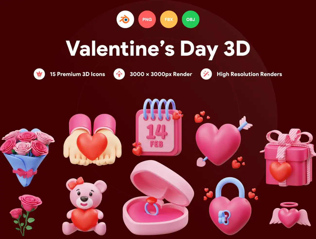 情人节婚礼喜庆元素3D图标模型 Valentines 3D Illustration .blender-3D/图标-到位啦UI