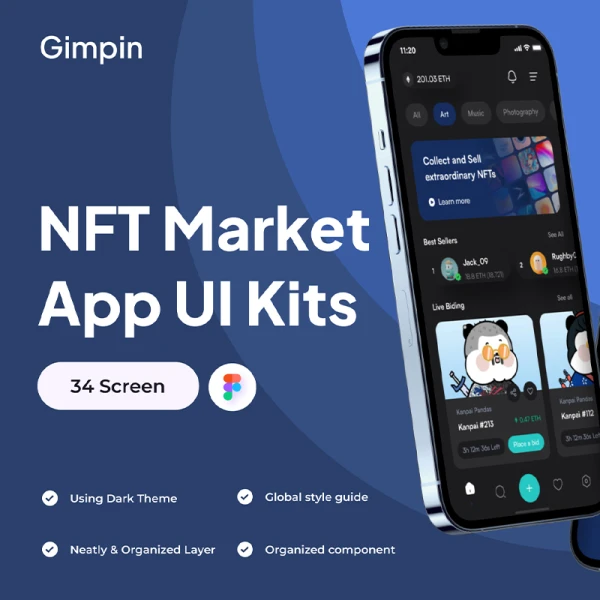 NFT交易市场应用程序 UI 套件34屏 Gimpin - NFT Market Apps UI Kits .figma