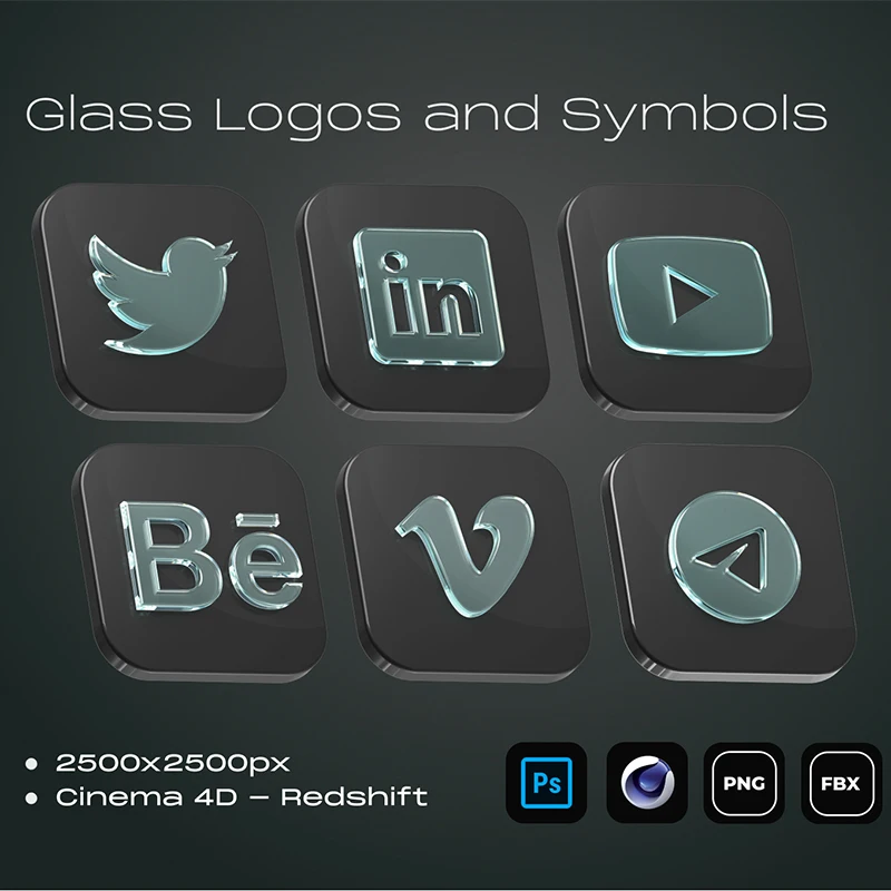 20款玻璃质感3D符号logo图标模型 Glass Logos and Symbols .c4d .psd缩略图到位啦UI