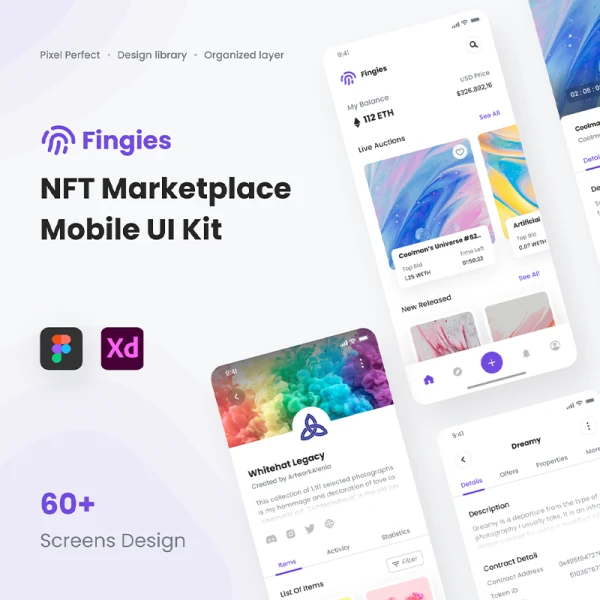 NFT交易市场移动应用程序UI设计套件60屏 Fingies - NFT Marketplace Mobile App UI Kit .figma .xd