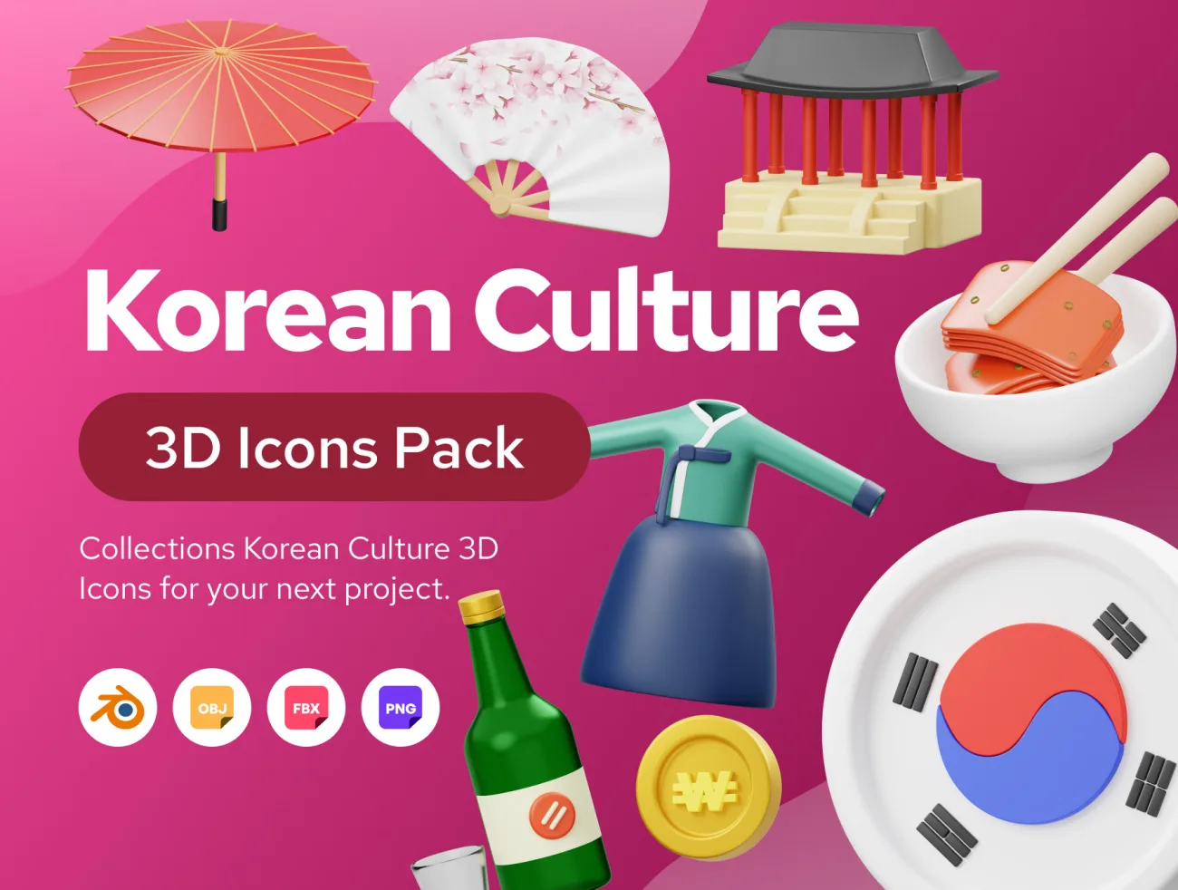 韩国文化建筑美食3D图标模型素材 Korean Culture 3D Icon blender格式-3D/图标-到位啦UI