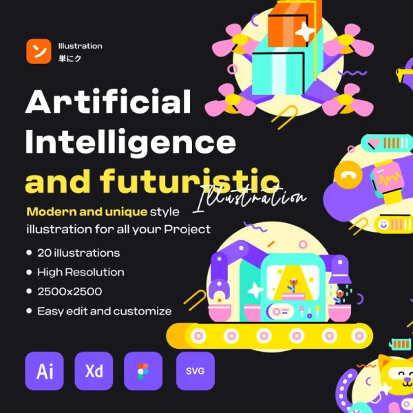 人工智能与未来角色扁平化表情包贴纸美化您的网站和任何设计原型需求 Artificial Intelligence & Futuristic ai, xd, figma格式