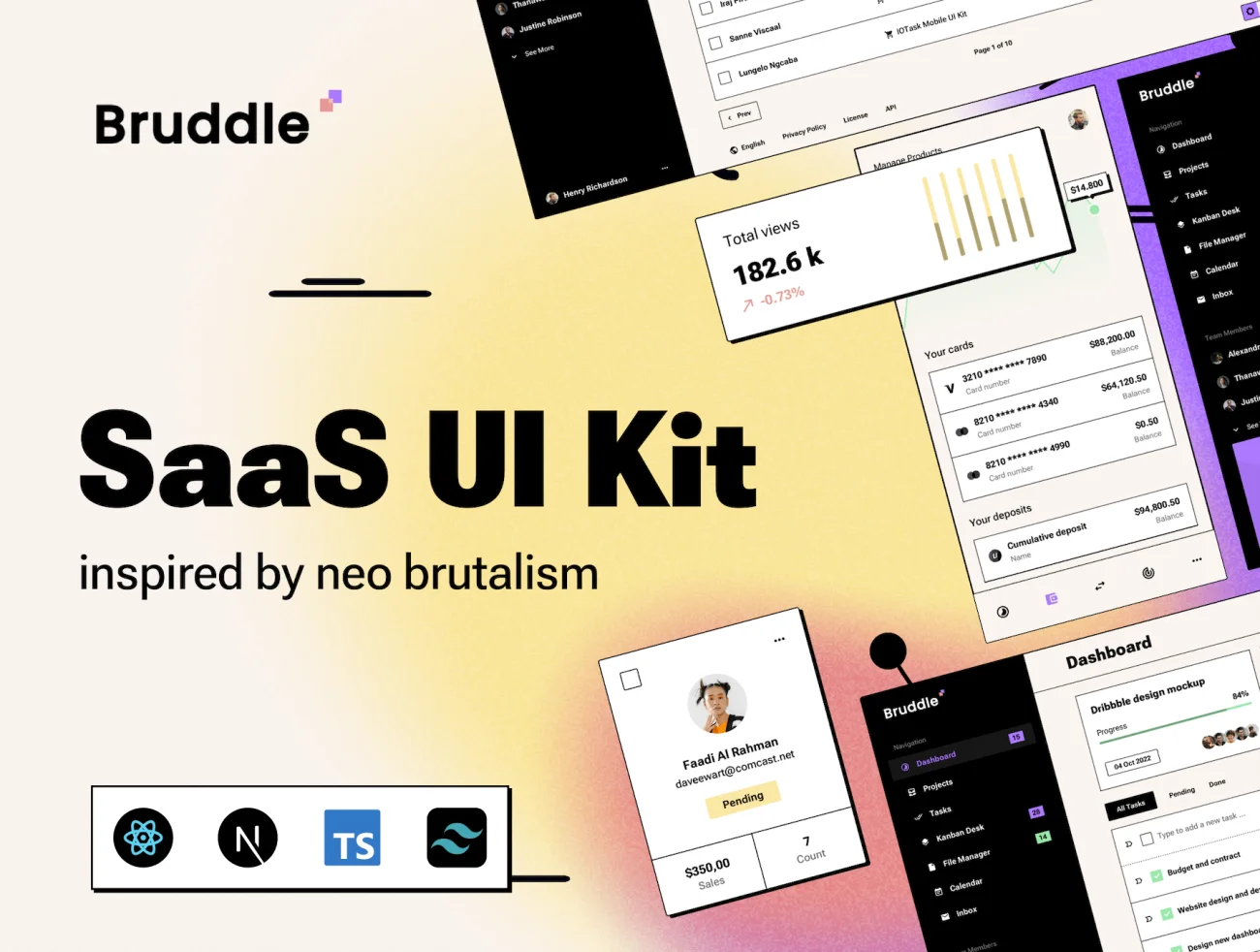 Bruddle - 新布鲁塔利主义复古362屏463个UI组件设计套件 Bruddle - Neo brutalism coded UI Kit ReactJS, tailwind CSS格式-UI/UX、ui套件、主页、卡片式、应用、源码-到位啦UI