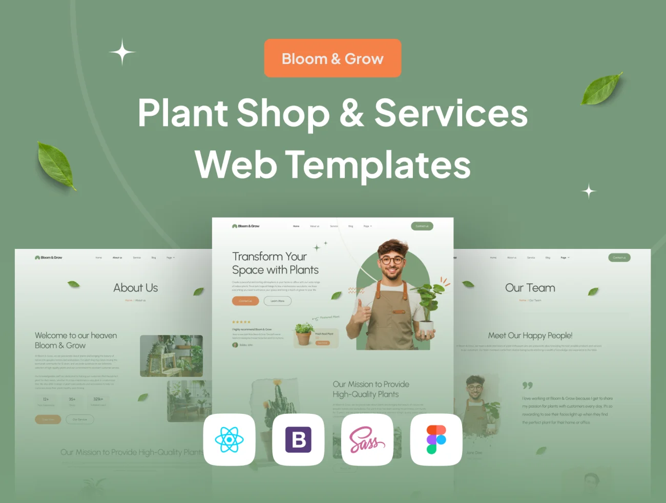 Bloom & Grow - 现代简约风格的高级植物商店和服务Web模板 Bloom & Grow - Plant Shop and Service Web Tempates html, figma格式-UI/UX、ui套件、主页、源码、网购、详情-到位啦UI