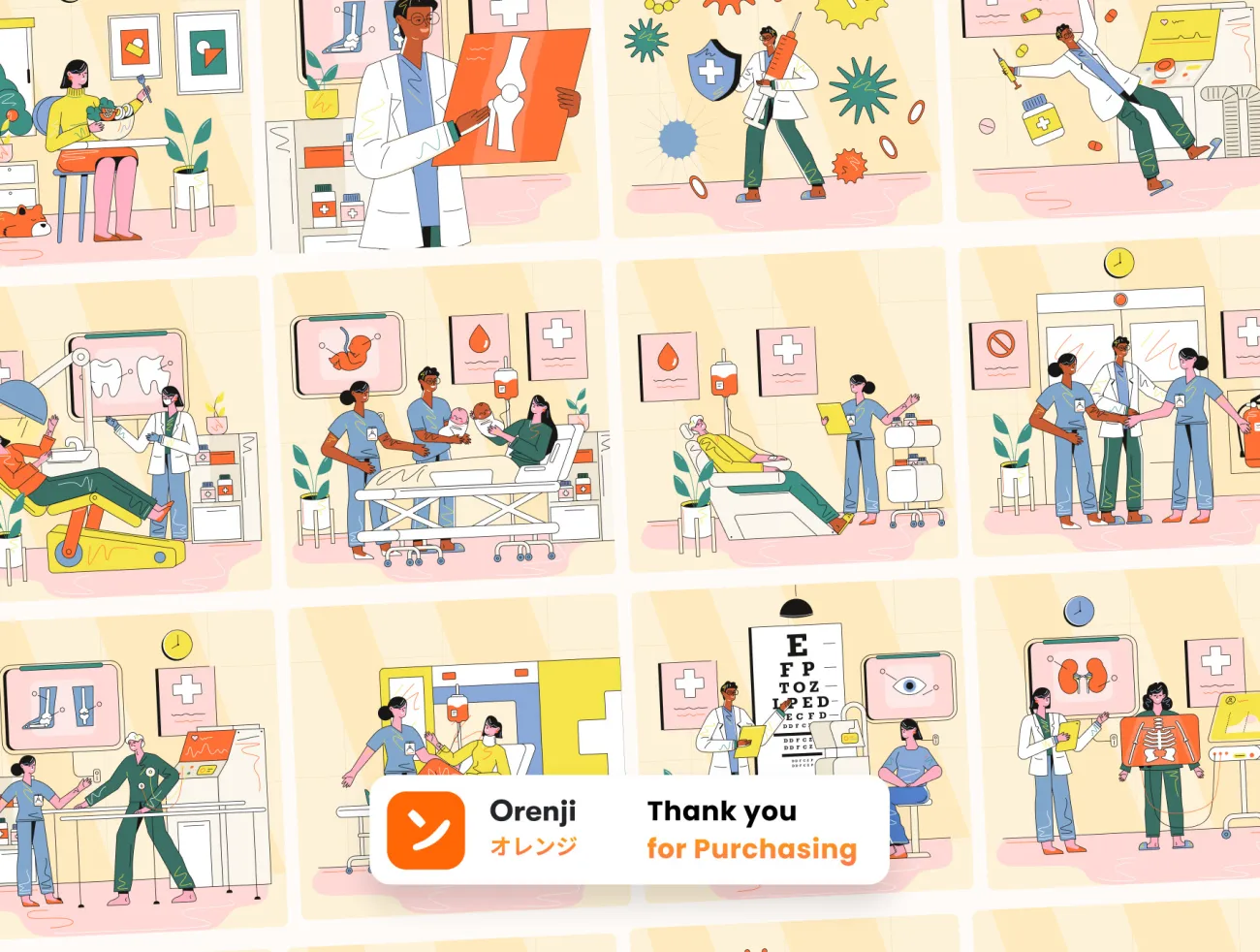 医疗健康矢量插图设计素材 Hospital & Health Illustration ai格式-人物插画、场景插画、插画、插画功能、教育医疗、概念创意、状态页、趣味漫画、运动健身-到位啦UI