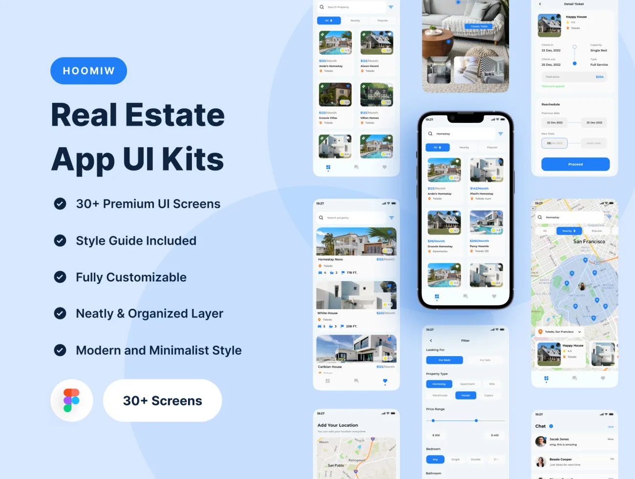 房屋租赁二手房销售房地产应用程序 UI 套件30屏 Hoomiw - Real Estate Mobile App UI Kits .figma-UI/UX、ui套件、主页、介绍、付款、列表、地图、应用-到位啦UI