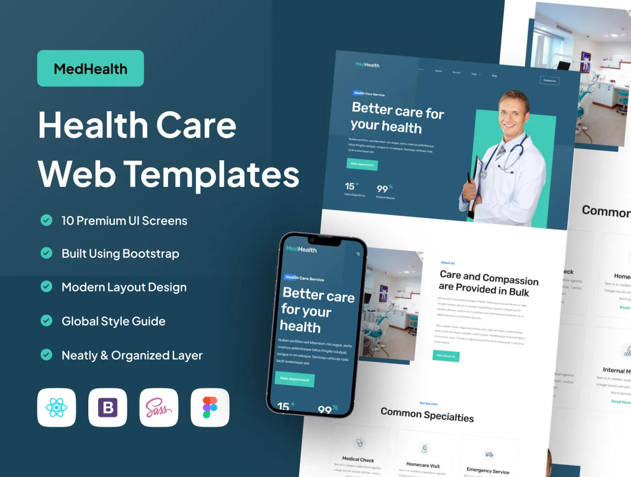 现代简约风格医疗保健网站设计模板10款 MedHealth - Health Care Web Templates-UI/UX、主页、介绍、源码、网站、预订-到位啦UI
