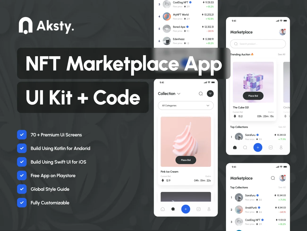 Aksty - NFT市场UI工具包+应用 Aksty. - NFT Marketplace UI Kit + App sketch, swift, android, xd, figma格式缩略图到位啦UI