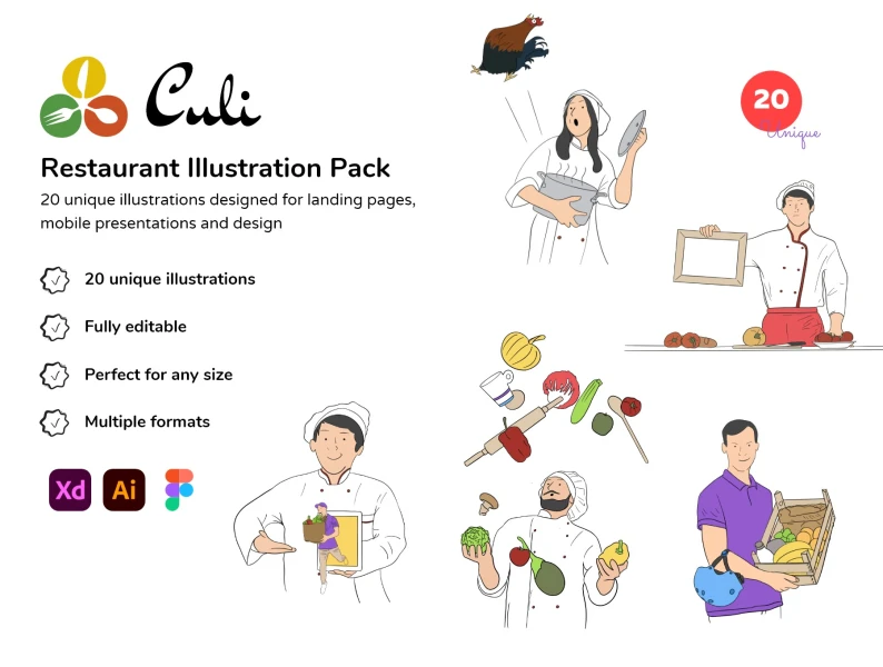 Culi餐厅/送餐插图包 Culi Restaurant/ Delivery Illustration Pack xd, figma格式
