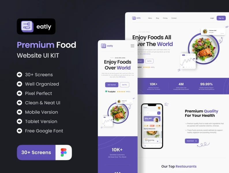 Eatly-食品送餐落地页和Web UI工具包 Eatly - Food Delivery Landing Page & Web UI KIT figma格式