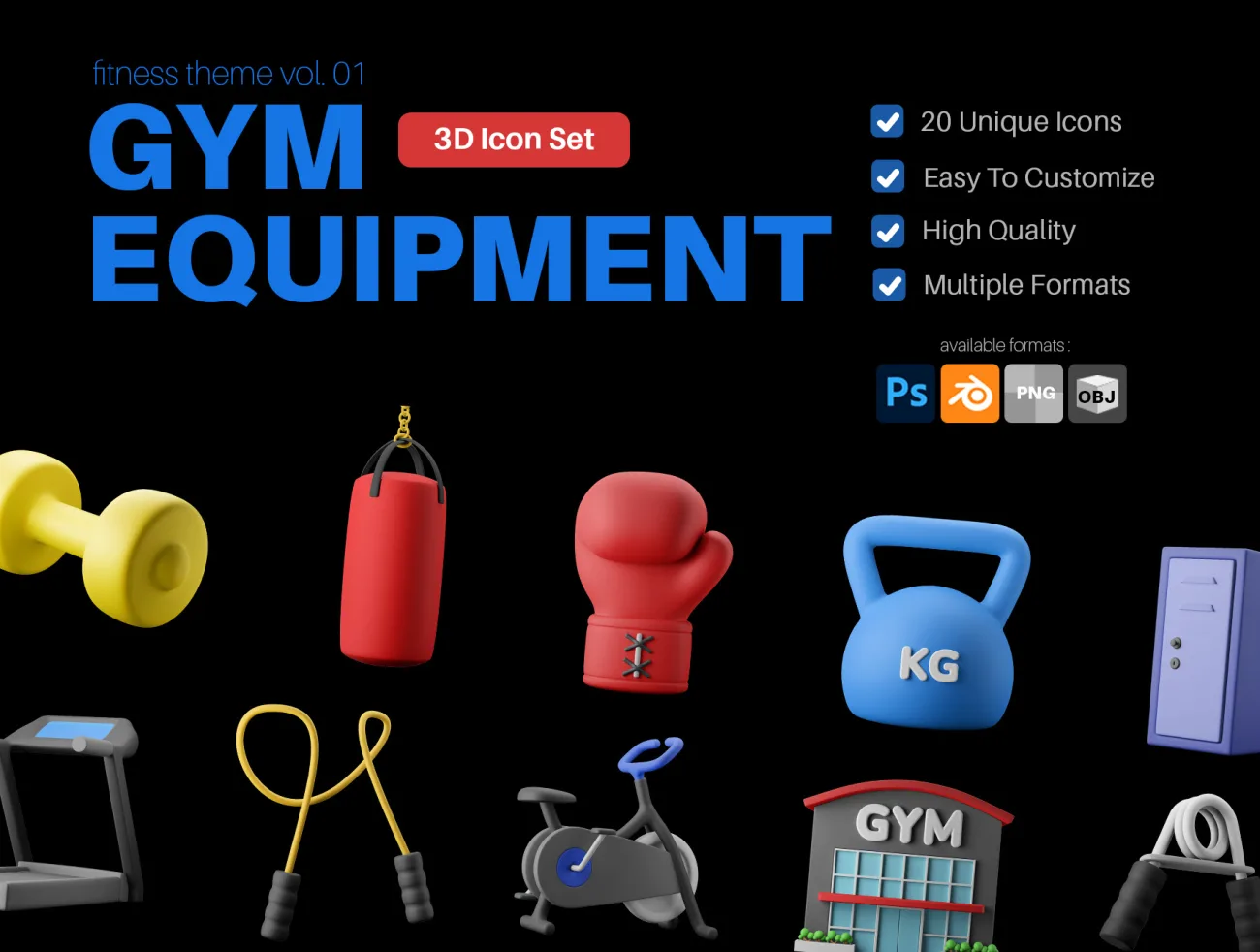 健身房设备3D图标包 Fitness Gym Equipment 3D Icon Pack c4d, blender, psd格式缩略图到位啦UI