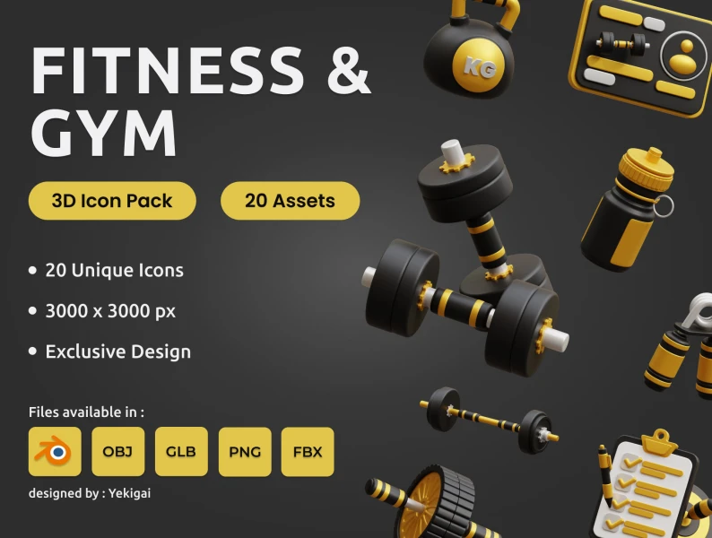 健身和健身房3D图标包 Fitness and Gym 3D Icon Pack blender, figma格式