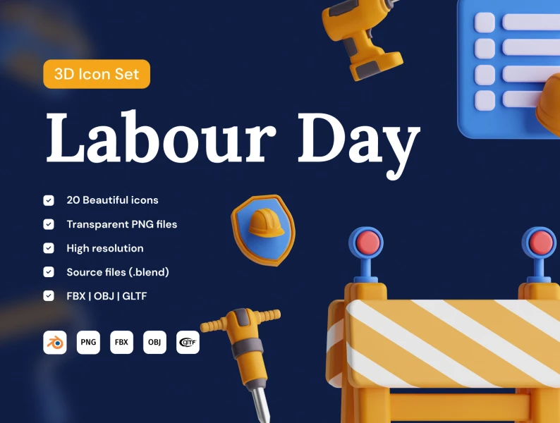 劳动节3D图标套装 Labour Day 3D Icon Set blender, fbx, obj, gltf格式