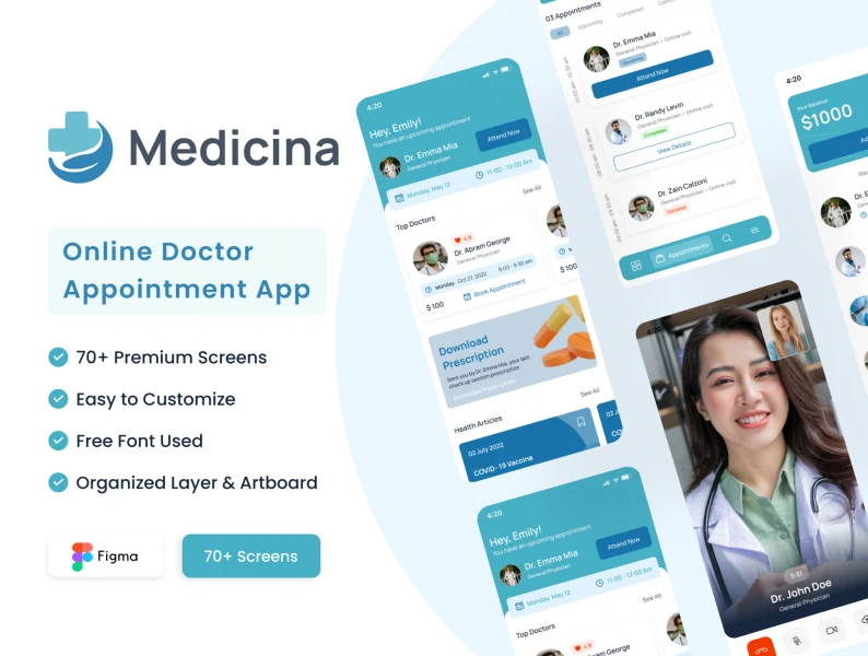 Medicina-在线医生预约应用UI工具包 Medicina - Online Doctor Appointment App UI Kit figma格式