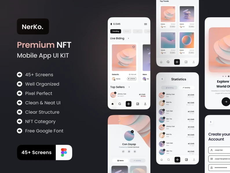 Nerko-NFT市场应用UI工具包 Nerko - NFT Market App UI KIT figma格式