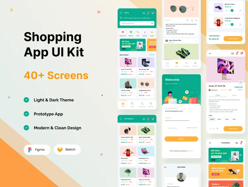 购物应用UI套件 Shopping App UI KIT sketch, figma格式