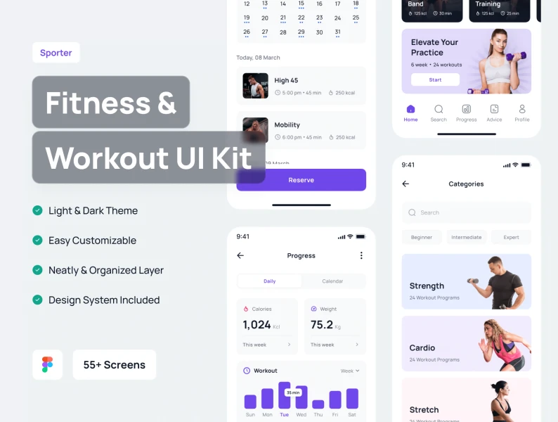 Sporter - 健身和锻炼应用UI套件 Sporter - Fitness & Workout App UI Kit figma格式