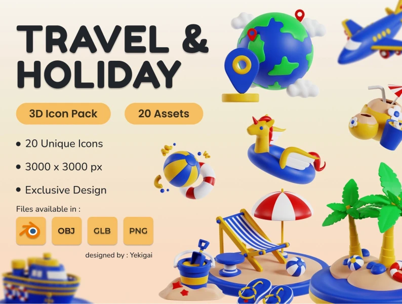 旅行和假期3D图标包 Travel and Holiday 3D Icon Pack blender, figma格式