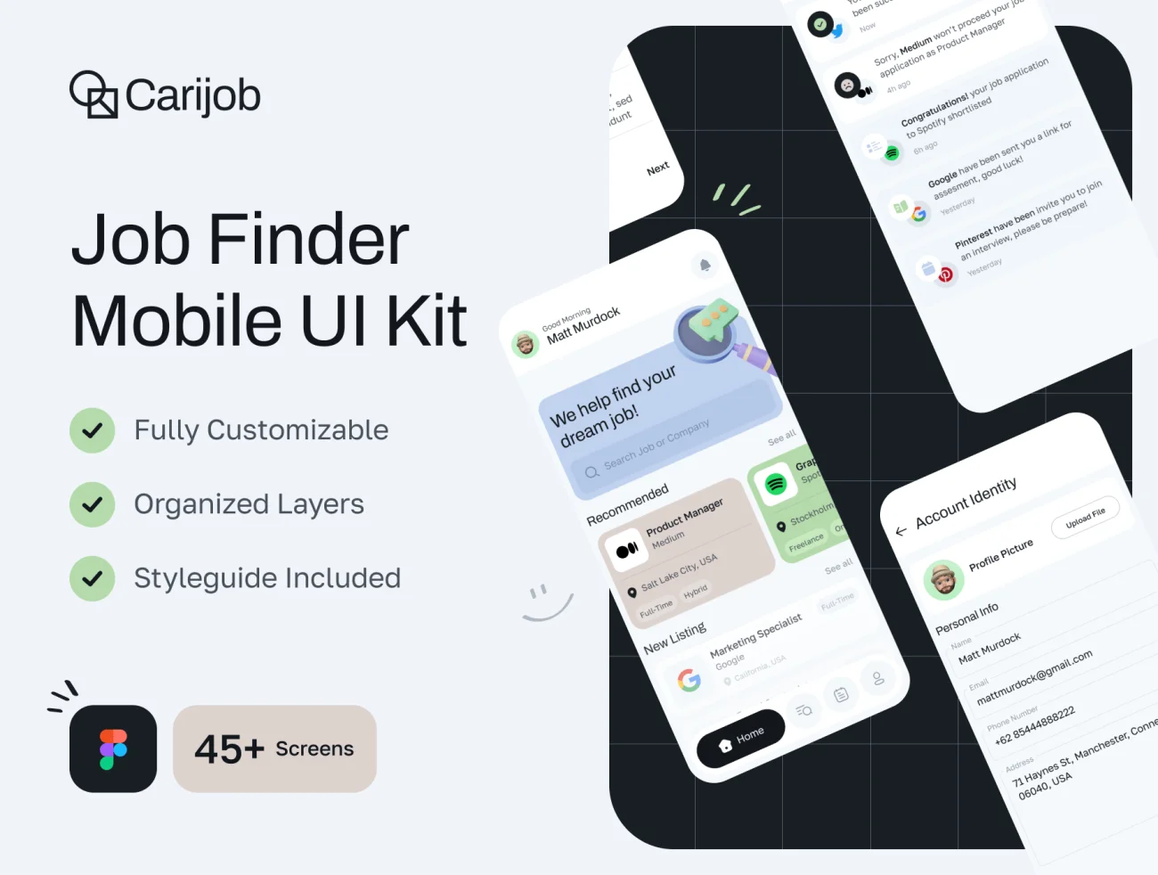 Carijob - 职位搜索求职招聘应用UI套件 Carijob - Job Finder App UI Kit figma格式-UI/UX、ui套件、主页、应用、聊天-到位啦UI