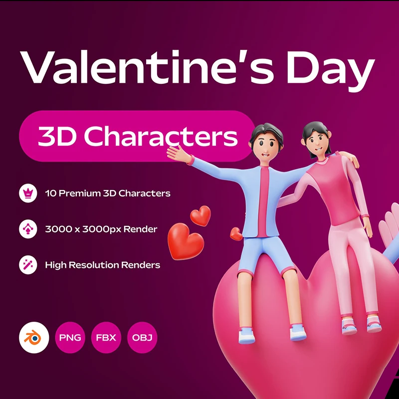 情人节情侣3D角色三维模型插画 Valentine’s Couple 3D Character Illustration .blender缩略图到位啦UI