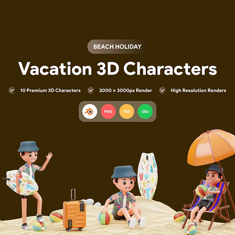 度假旅游沙滩冲浪3D角色形象模型 Vacation 3D Character Illustration .blender缩略图到位啦UI