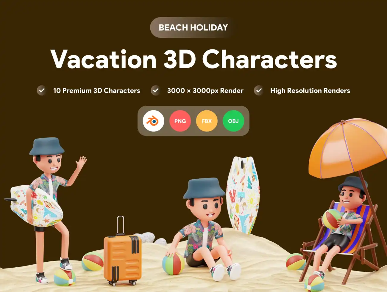 度假旅游沙滩冲浪3D角色形象模型 Vacation 3D Character Illustration .blender-3D/图标-到位啦UI