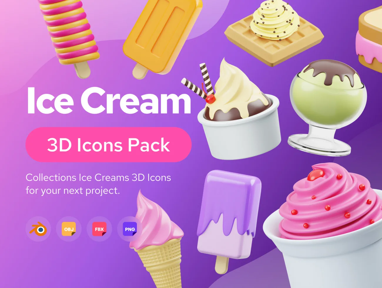 15款冰糕冰淇淋3D图标模型设计素材 Ice Cream 3D Icon blender格式-3D/图标-到位啦UI