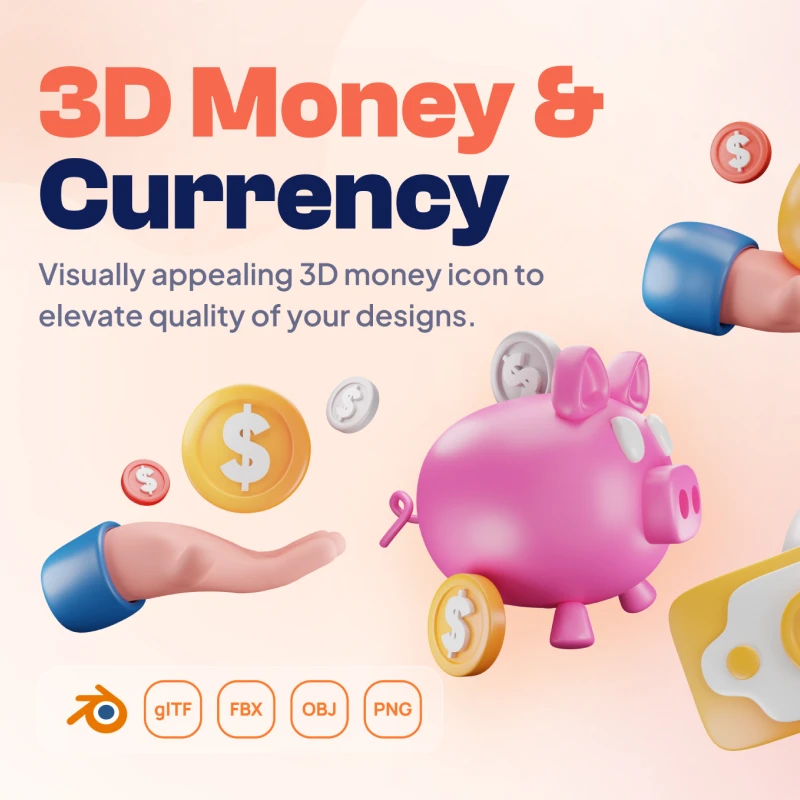 货币钱袋金币钱包3D图标套装 Mony - Money & Currency 3D Icon Set blender格式缩略图到位啦UI