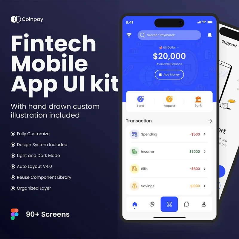金融科技移动支付手机应用程序UI设计套件90屏 Coinpay Fintech Finance Mobile App UI kit .figma缩略图到位啦UI