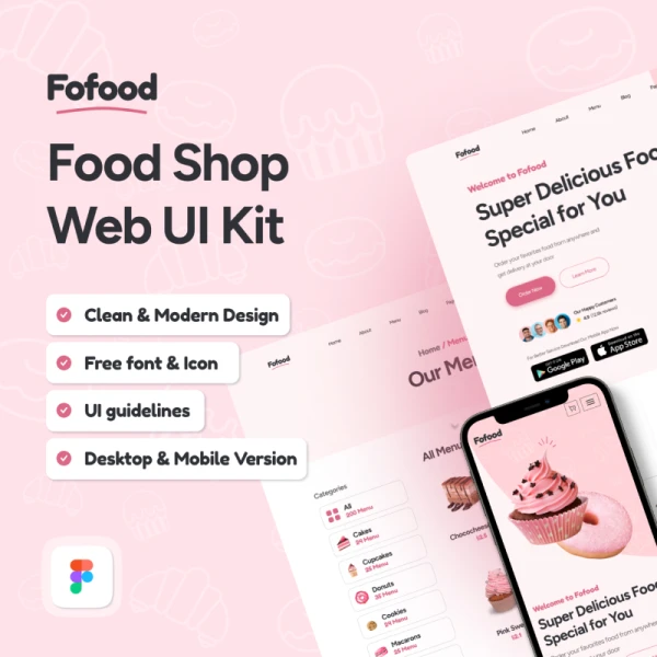 Fofood - 蛋糕点心食品商店应用UI网站设计UI套件 Fofood - Food Shop Web UI Kit fimga格式