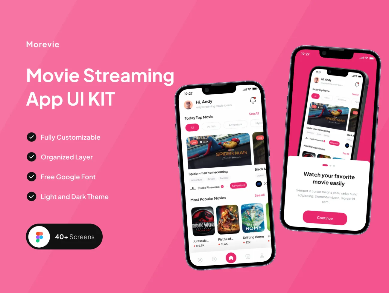 简约电影流媒体应用程序 UI 套件40屏 Morevie - Movie Streaming App UI KIT-UI/UX、ui套件、主页、介绍、列表、应用、播放器、注册、登录页-到位啦UI