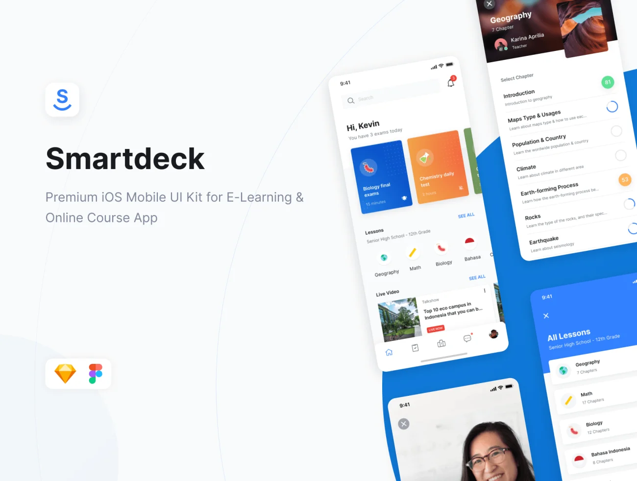 在线学习网络教育手机应用程序UI工具包 Smartdeck Student Mobile Course E-Learning App UI Kit .sketch .figma .lunacy-UI/UX、ui套件、主页、介绍、应用-到位啦UI