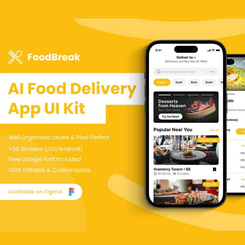 FoodBreak -构建无缝AI智能外卖点餐App套件解决方案设计套件 FoodBreak - AI Intelligent Food Delivery App Kit figma格式缩略图到位啦UI