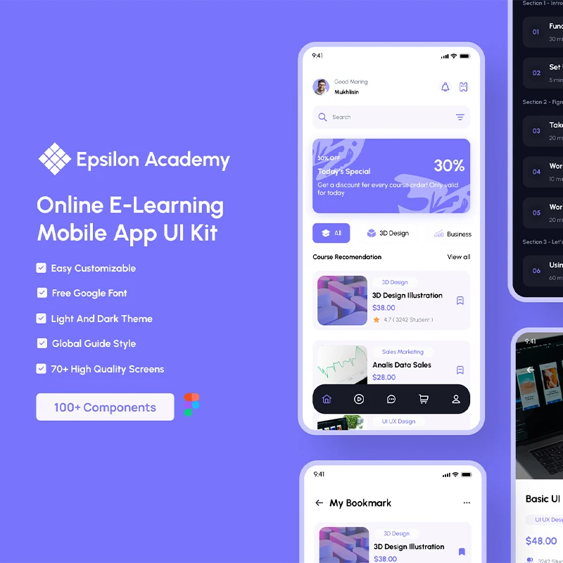 Epsilon Academy-在线电子学习移动应用UI工具包 Epsilon Academy - Online E-Learning Mobile app UI Kit figma格式缩略图到位啦UI