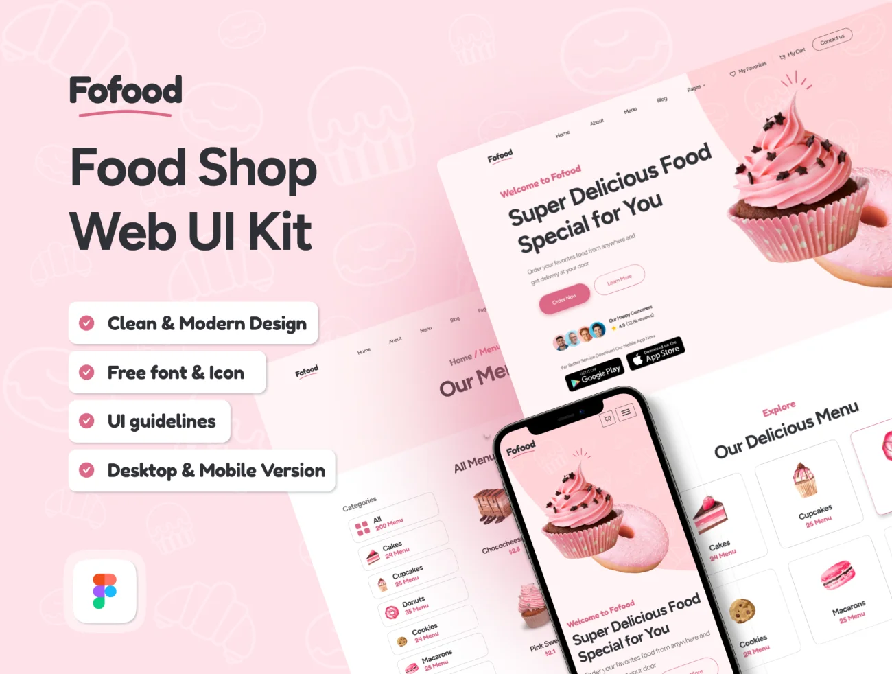 Fofood - 蛋糕点心食品商店应用UI网站设计UI套件 Fofood - Food Shop Web UI Kit fimga格式-UI/UX、ui套件、主页、网站、网购、详情-到位啦UI
