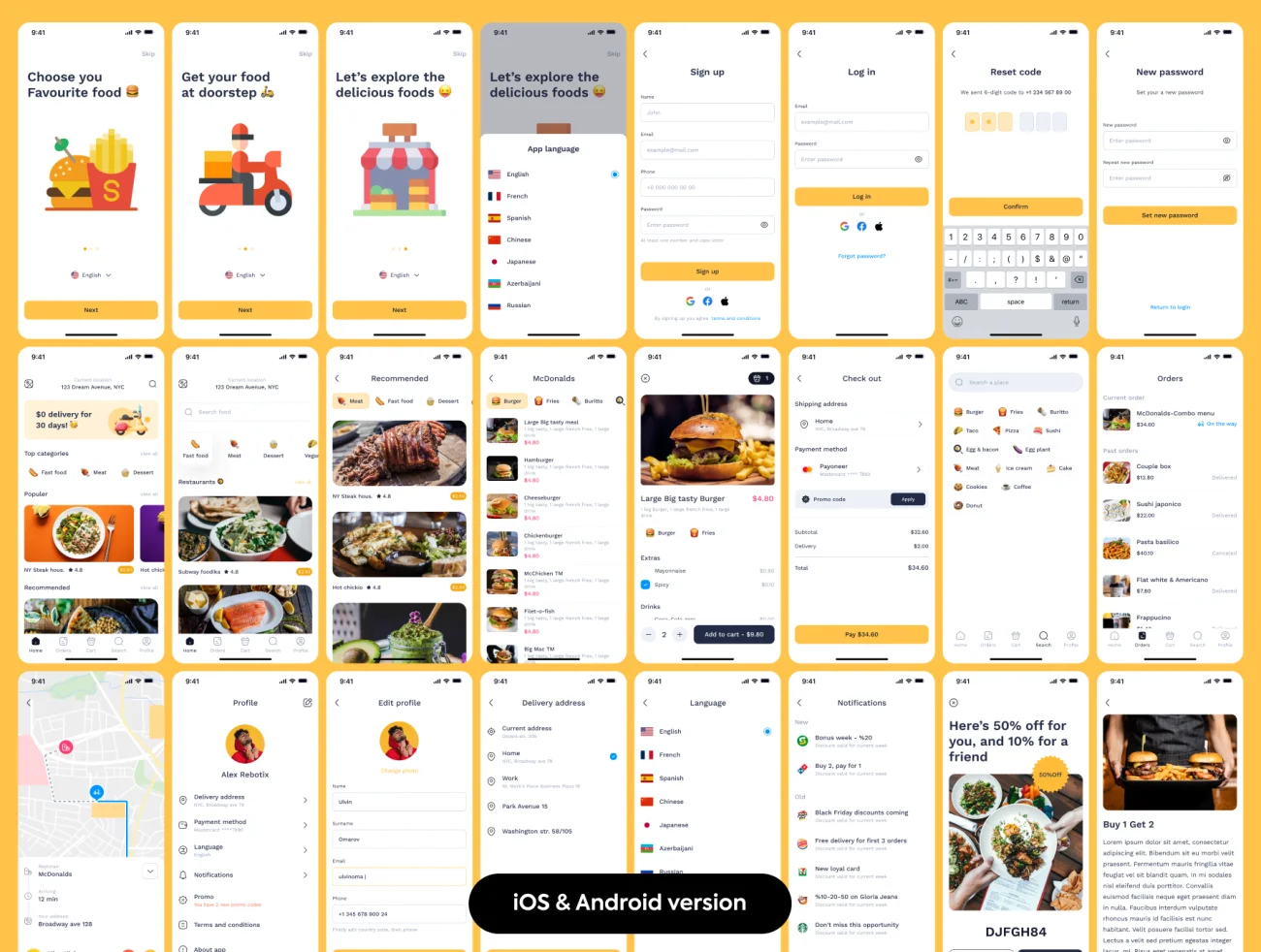 外卖点餐配送手机应用UI设计套件100屏 Foodka - Food Delivery App UI kit .figma-UI/UX、ui套件、主页、出行、地图、应用、网购、详情-到位啦UI