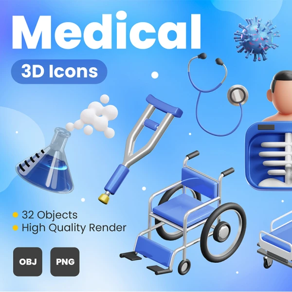 医疗急救药物实验解剖临床3D图标32款 Medical 3D Icons