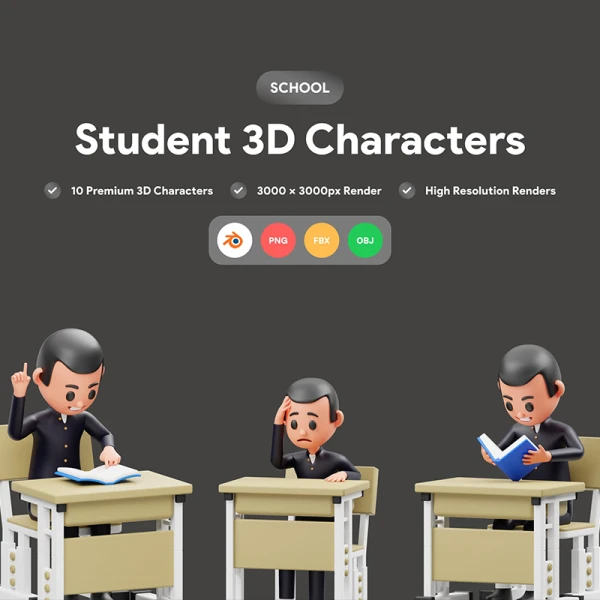 学生学习上课3D人物角色模型素材包 Student Character 3D Illustration .blender
