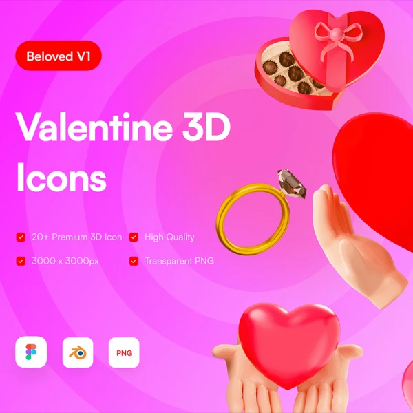 情人节3D图标模型素材包 Valentine 3D Icons .blender .figma