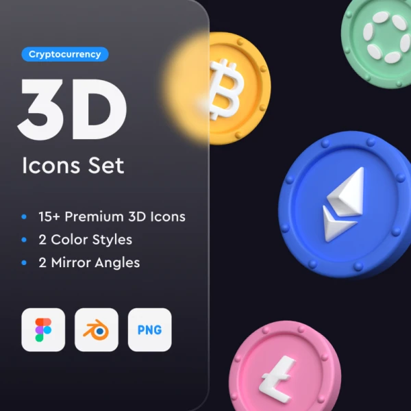 加密货币3D图标素材 Cryptocurrency 3D Icons Set sketch, blender, figma, lunacy格式