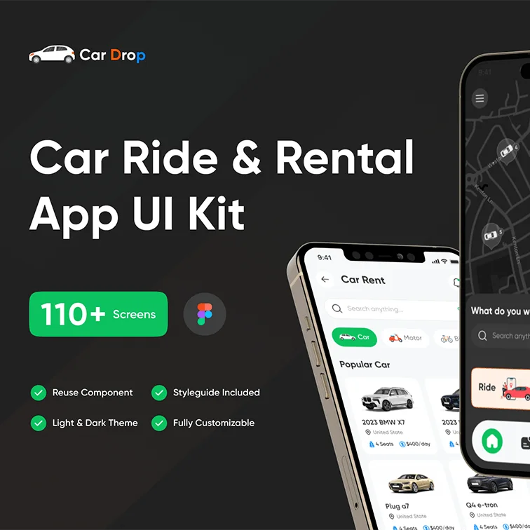 Car Ride & Rental App UI Kit - 汽车乘坐和租赁应用 UI 套件素材缩略图到位啦UI