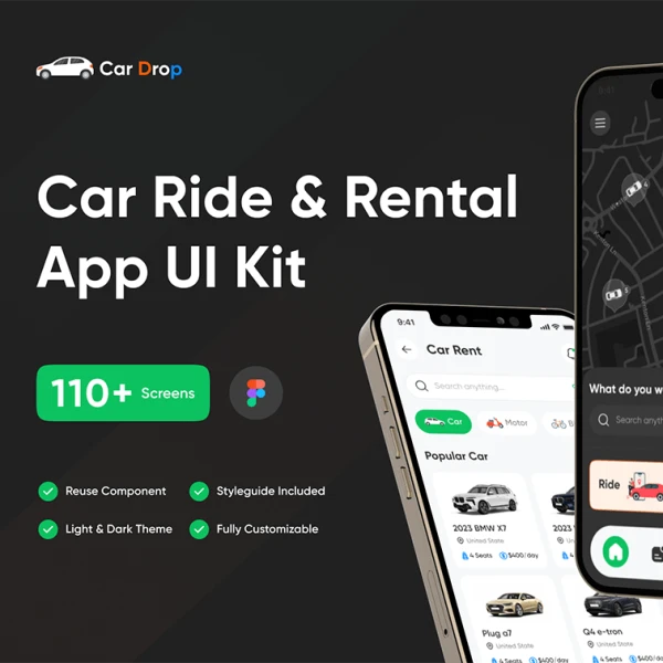 Car Ride & Rental App UI Kit - 汽车乘坐和租赁应用 UI 套件素材